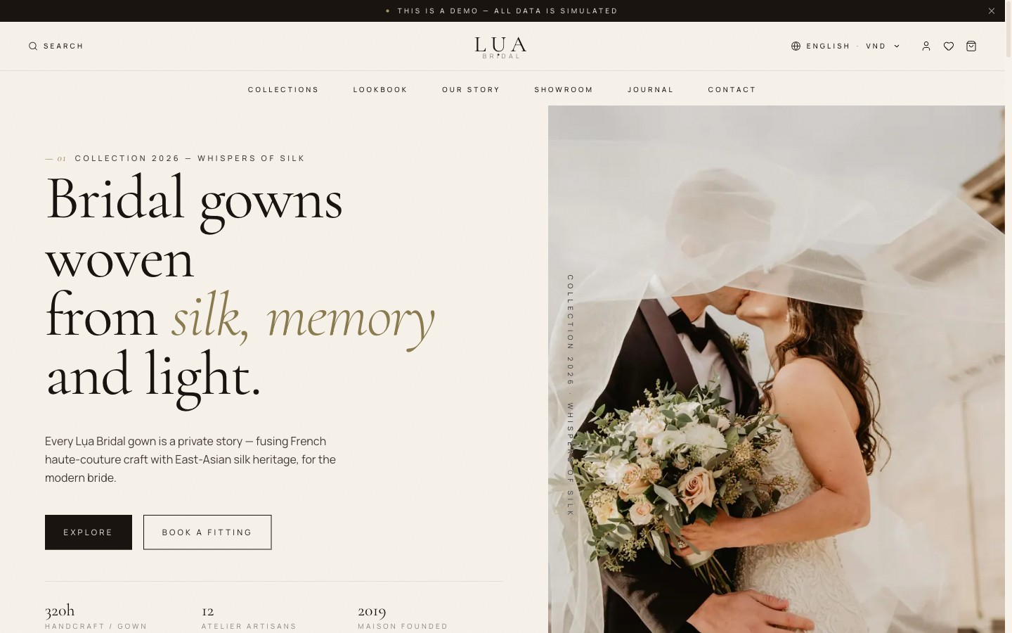 Lụa Bridal — A couture bridal house site with collection lookbook, fabric swatches, and a private appointment booking system.