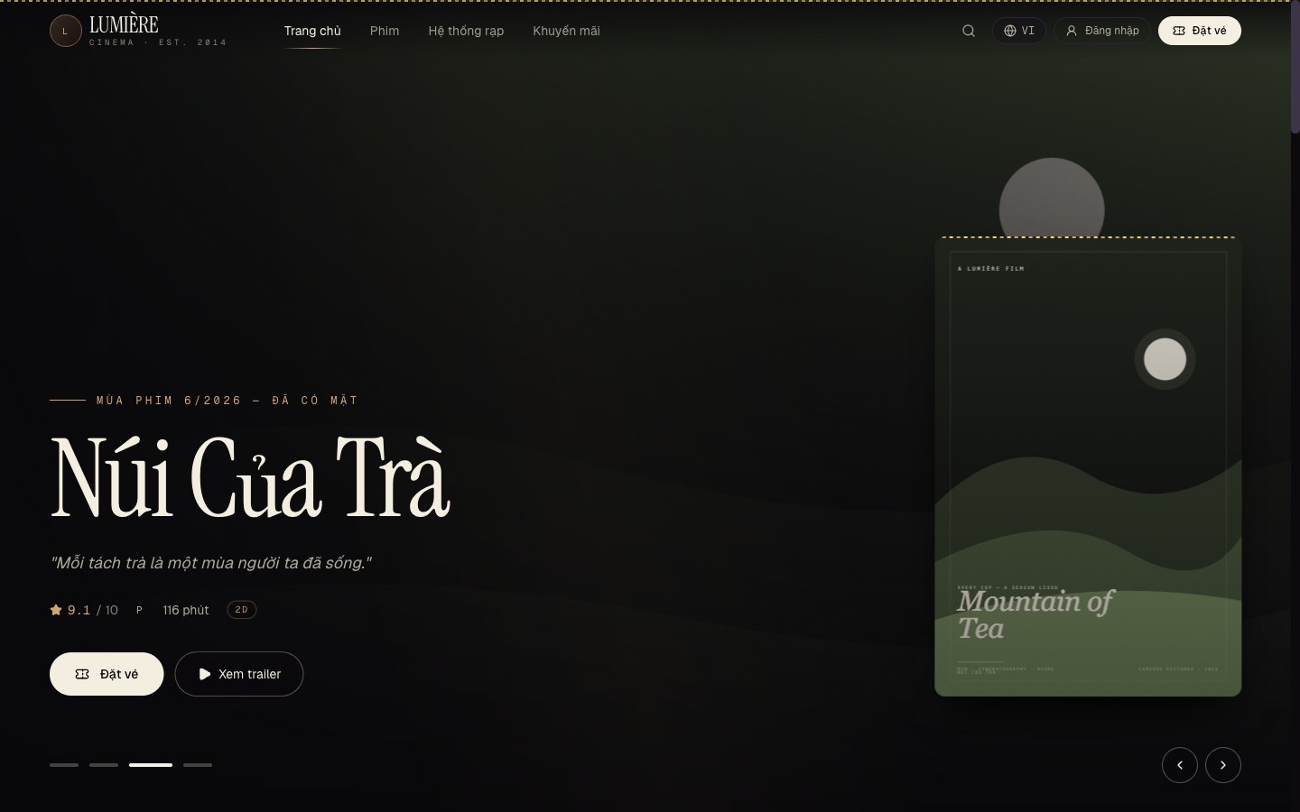 Lumière Cinema — A cinema ticketing and movie showcase demo with seat selection, trailer integration, and a dark editorial brand identity.