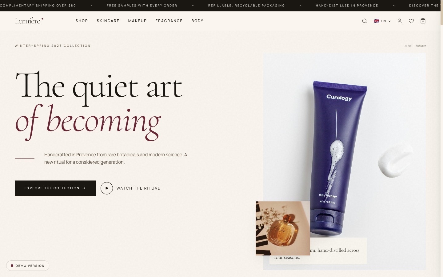 Lumière Beauty — A natural beauty and cosmetics e-commerce demo with editorial product pages, ingredient storytelling, and Stripe checkout.