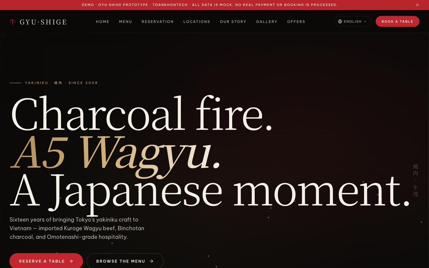 Gyū·Shige — A dark editorial site for a premium Japanese yakiniku restaurant, pairing charcoal backgrounds with amber accents and immersive tableside storytelling.
