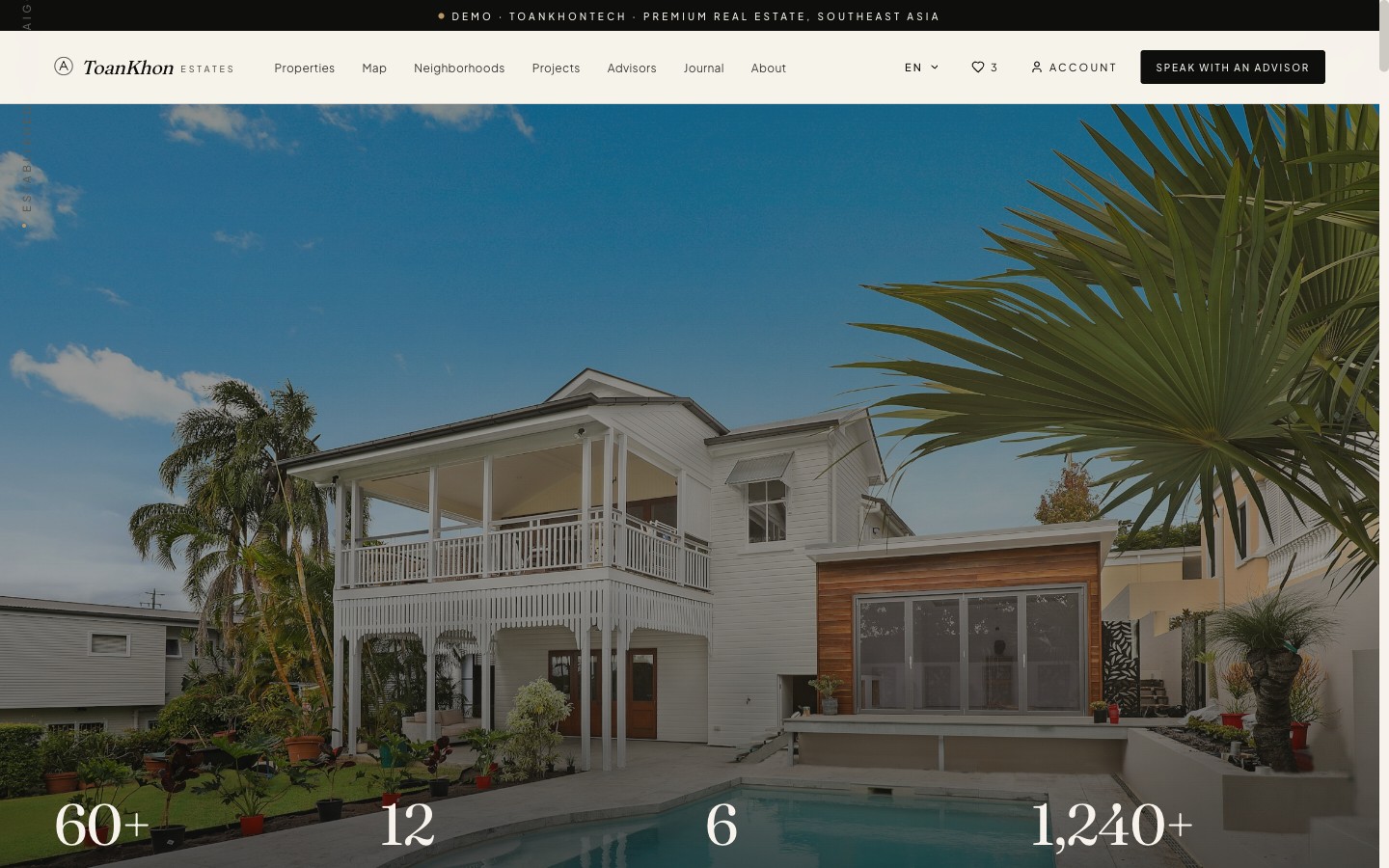 ToanKhon Estates — A Southeast Asian property listing and discovery portal with map-based search, filterable listings, and project inquiry forms.
