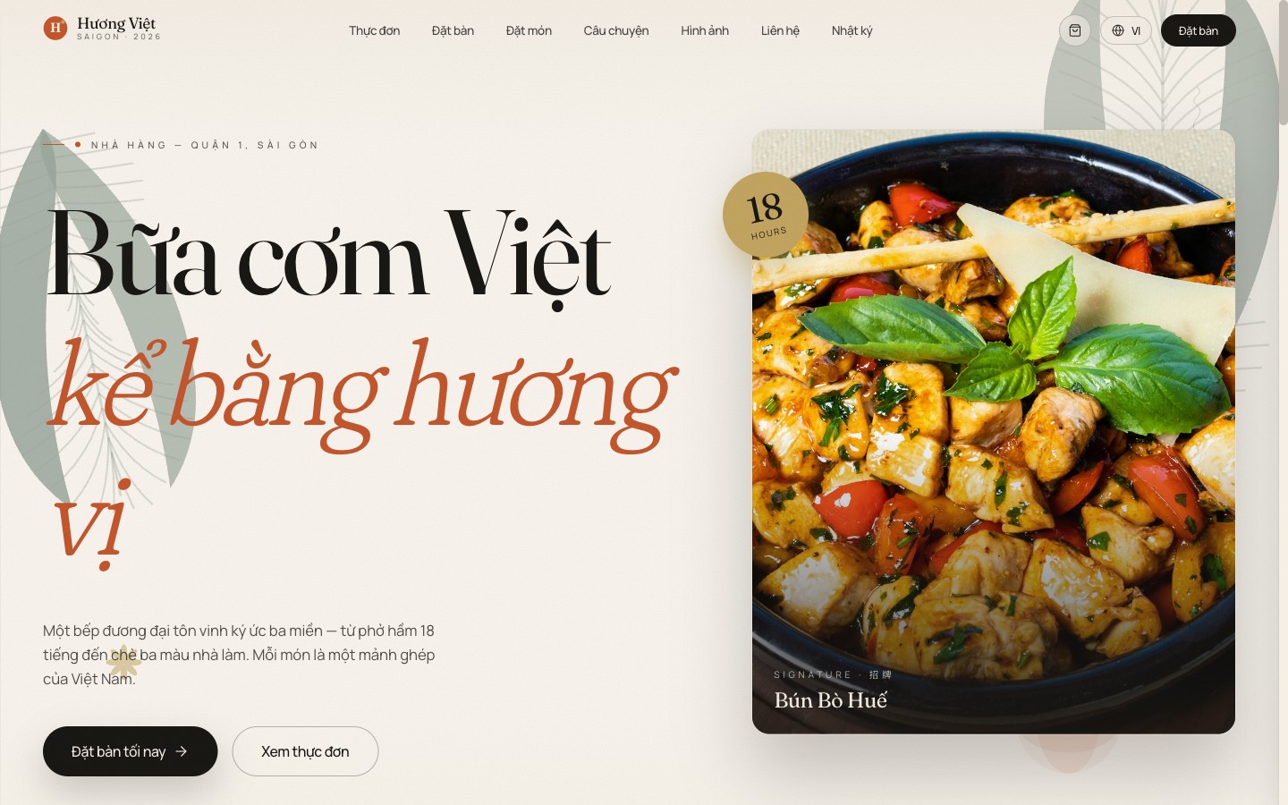 Hương Việt — A Vietnamese fine-dining restaurant site with hero food photography, bilingual menus, and an online reservation system.