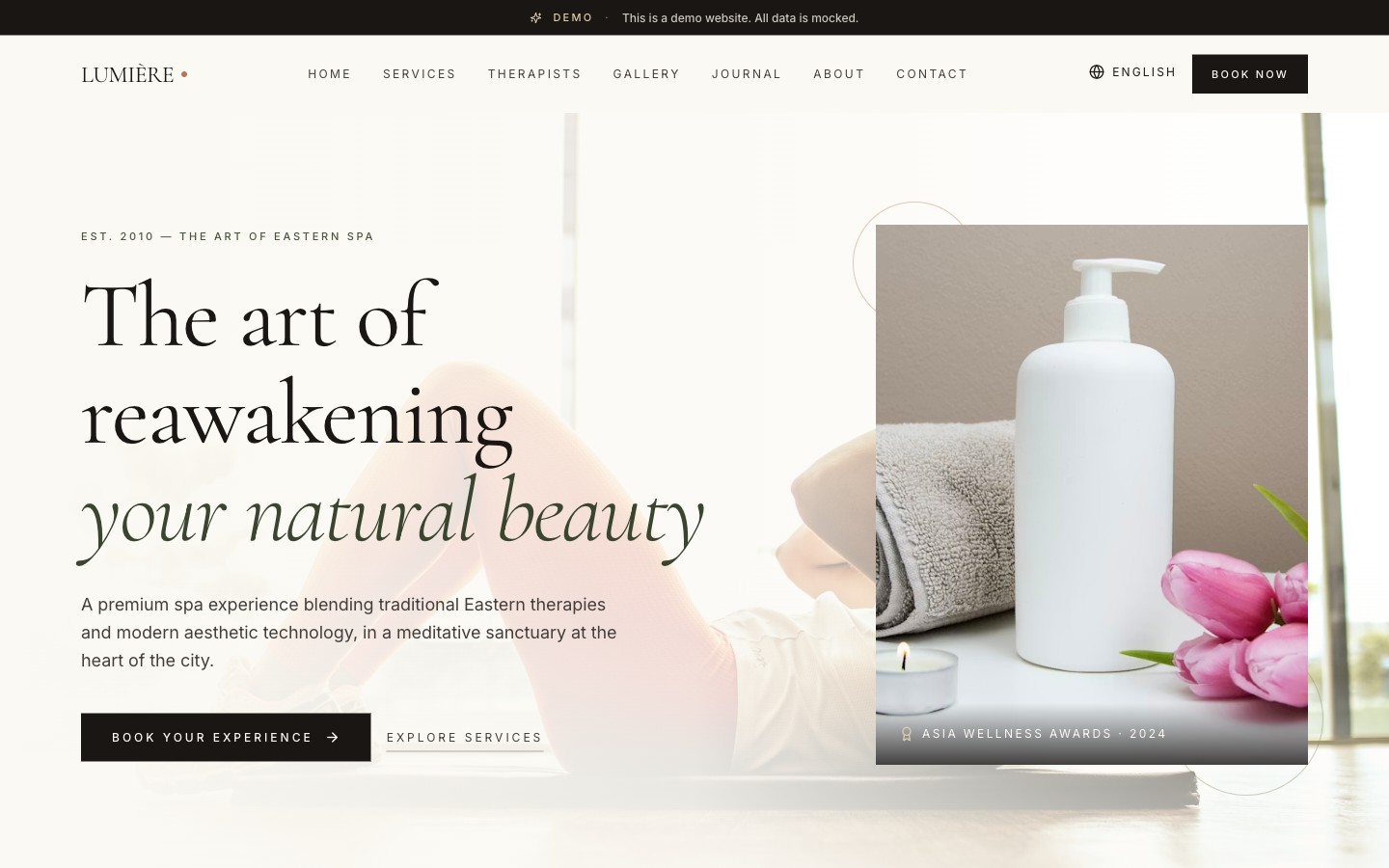 Lumière Spa — A luxury spa and wellness booking demo with treatment menus, therapist profiles, and a real-time availability calendar.