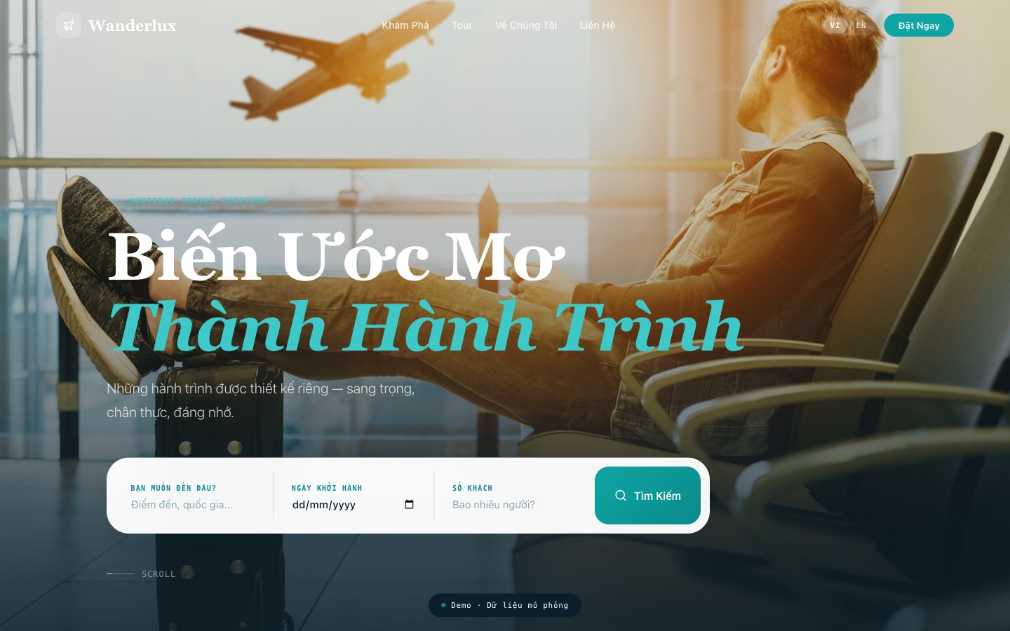 Wanderlux — A luxury travel agency demo with curated destination guides, itinerary builder, and group tour booking.