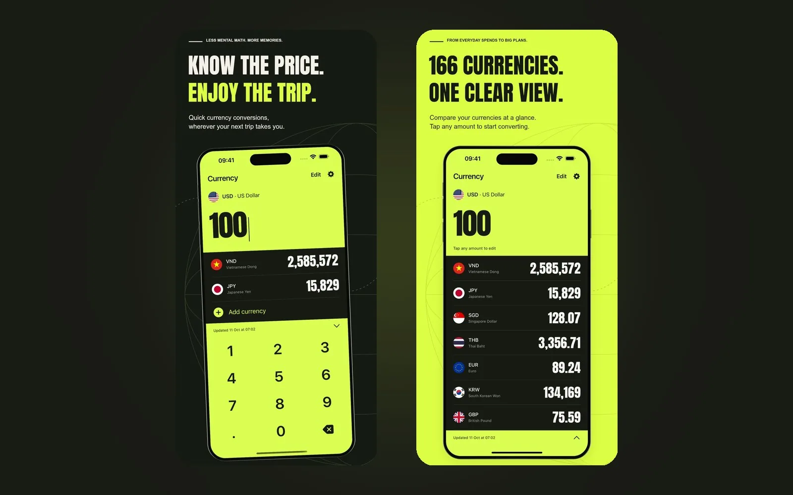 Travel Currency Go: converting 100 USD to Vietnamese dong and Japanese yen with the built-in calculator, next to a list of 166 currencies