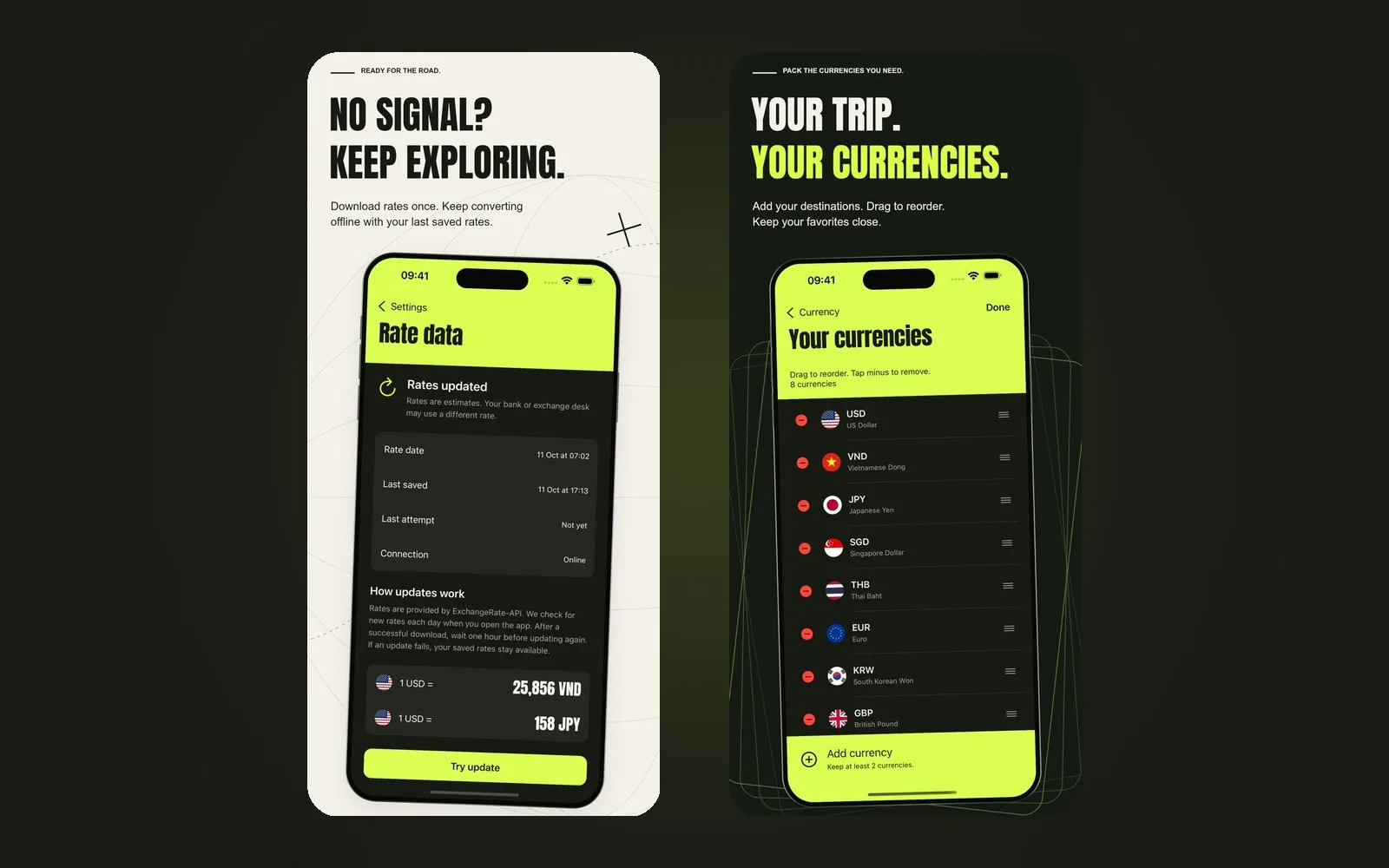 Travel Currency Go: offline exchange rate data screen and a customisable list of favourite currencies