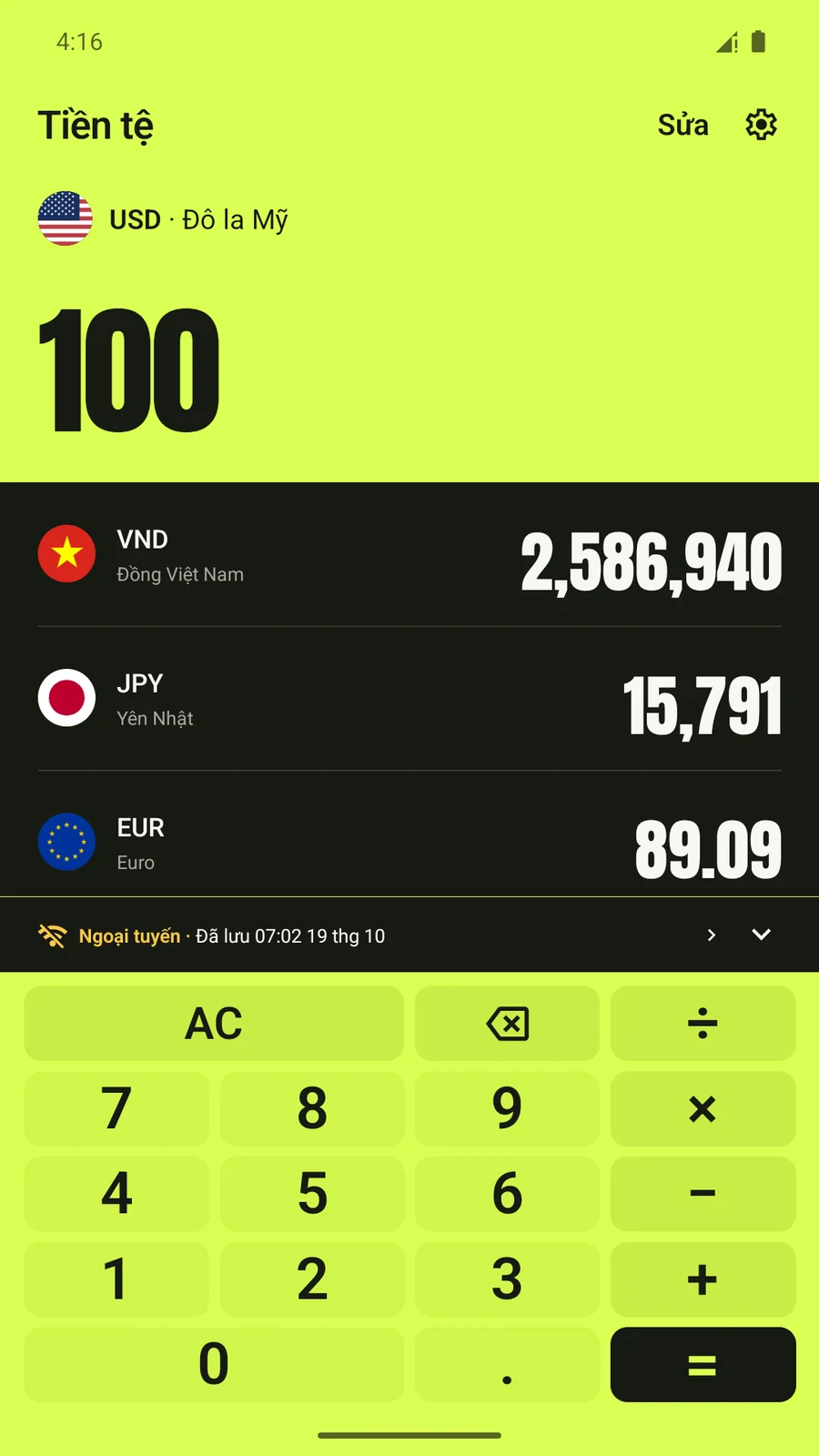 Travel Currency Go trên Android với trạng thái ngoại tuyến và thời điểm lưu tỷ giá