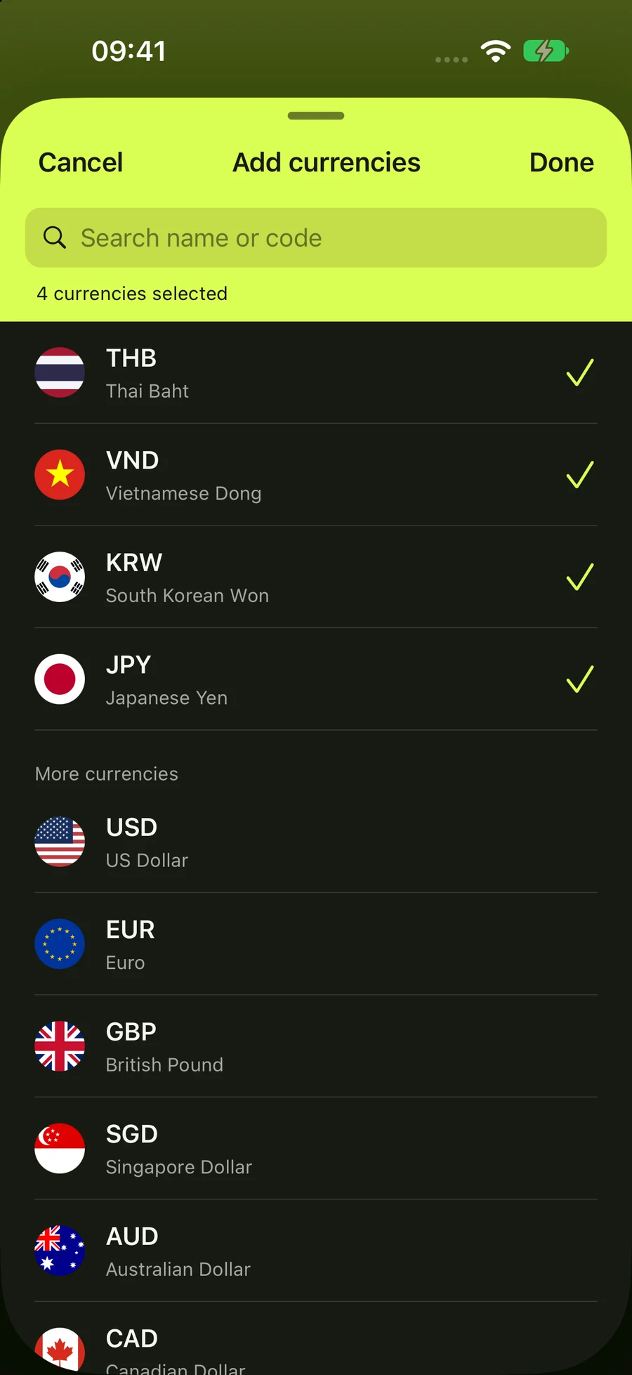 Currency selection list in Travel Currency Go
