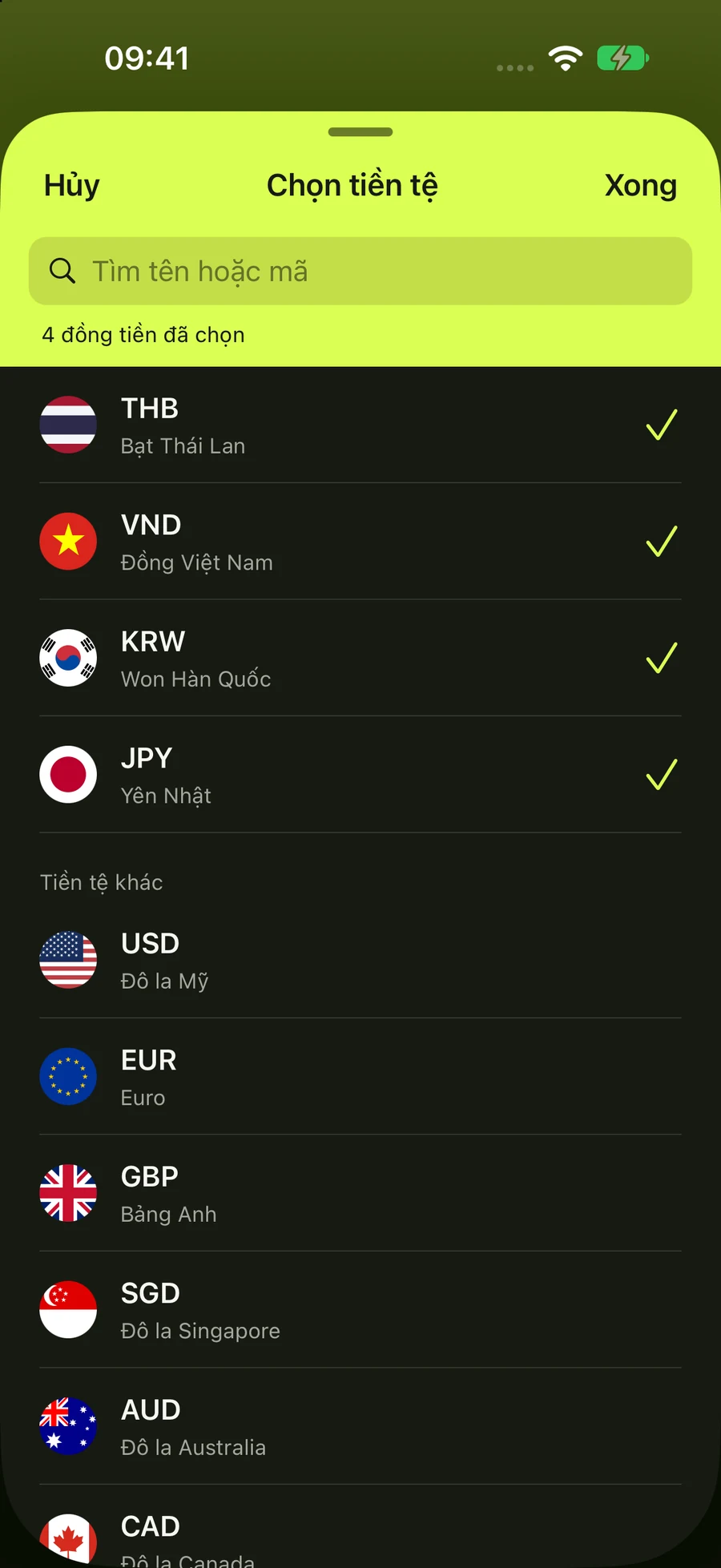 Danh sách chọn tiền tệ trong Travel Currency Go