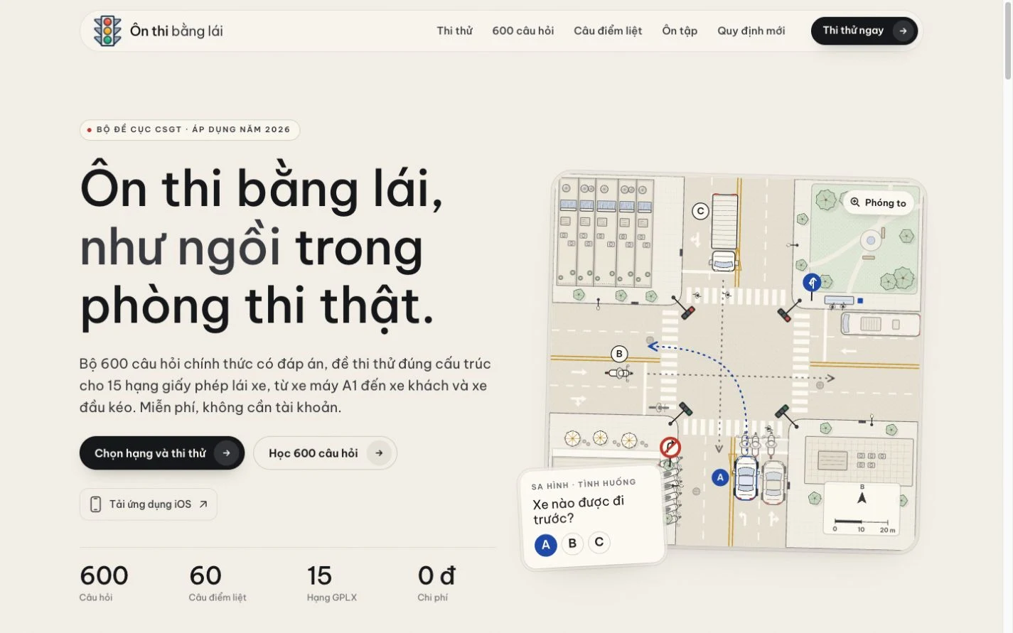 Ôn Thi Bằng Lái — 600 questions. A clear path through practice.