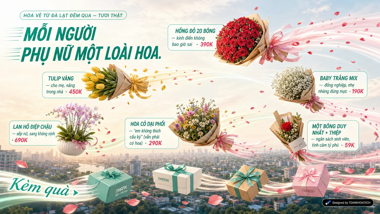 NHANH · 8/3 website concept artboard focused on bouquets