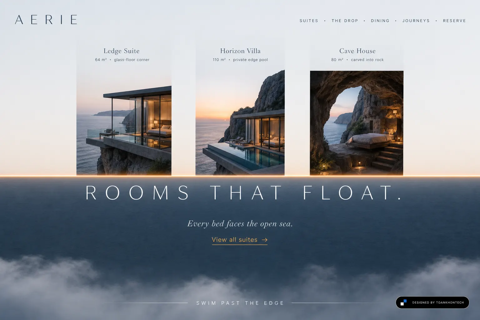AERIE accommodation page comparing Ledge Suite, Horizon Villa and Cave House