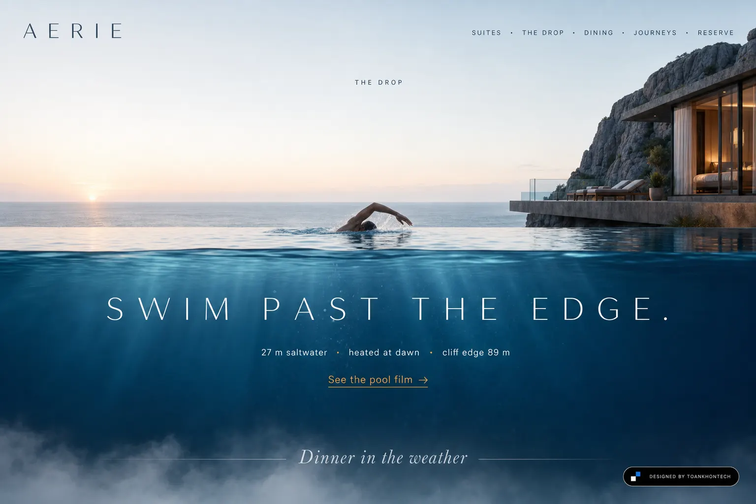 The Drop saltwater infinity pool on the AERIE resort website above a cliffside sea