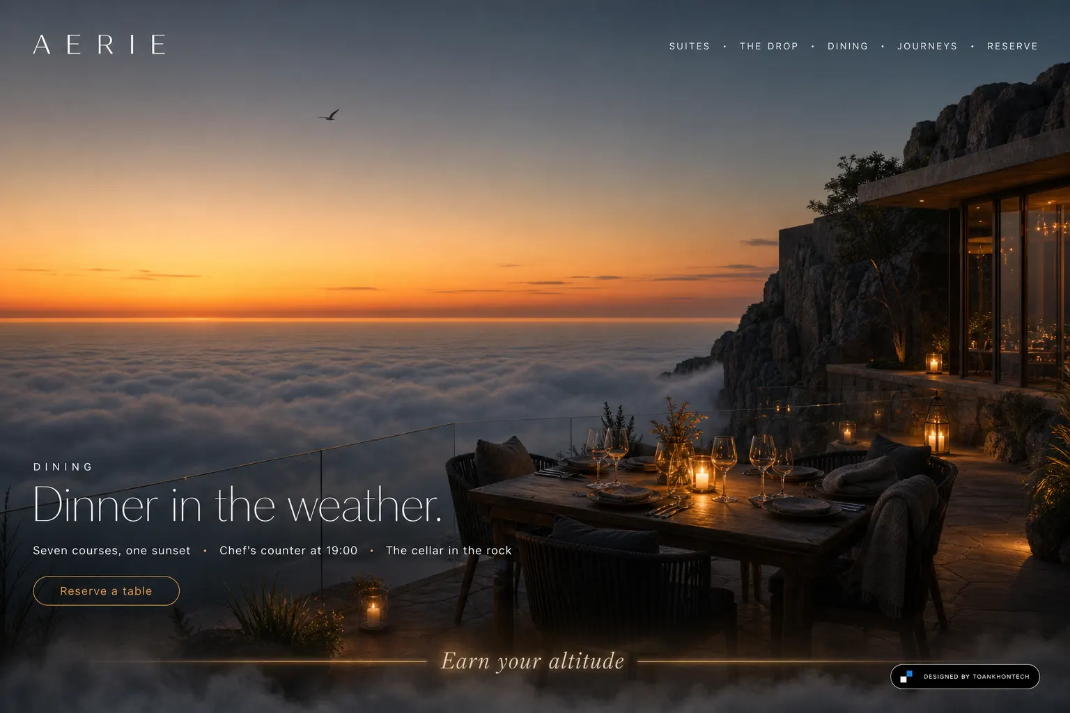 AERIE dining experience page with an outdoor dinner table facing a sea sunset