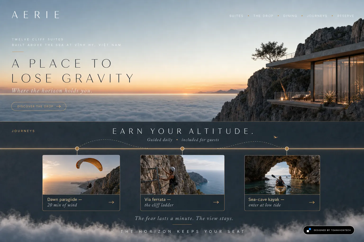 AERIE journeys page featuring dawn paragliding, via ferrata climbing and sea-cave kayaking