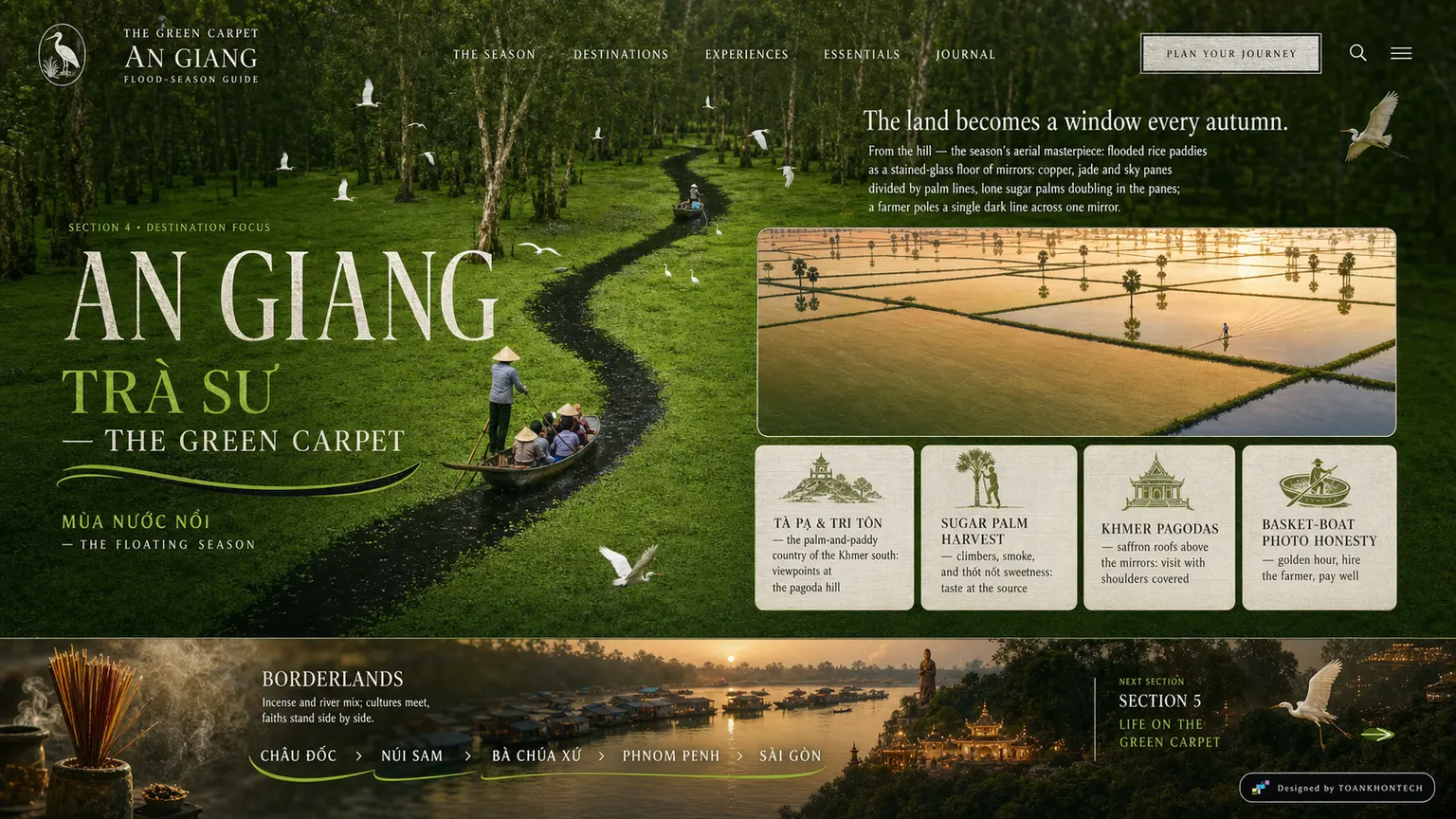 AN GIANG — THE GREEN CARPET website concept artboard focused on mirrorfields