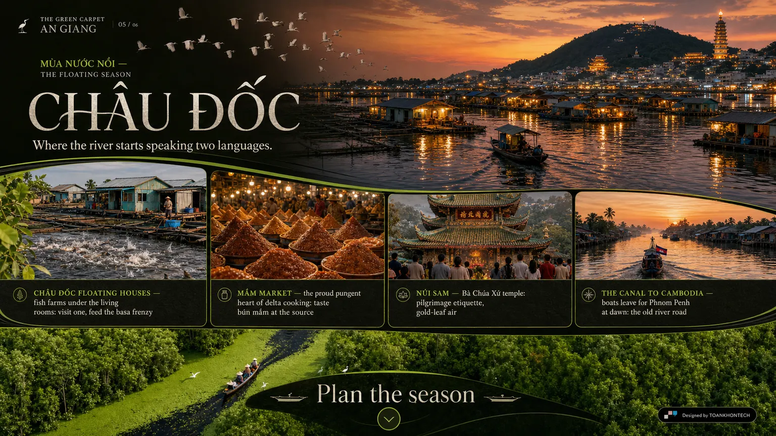 AN GIANG — THE GREEN CARPET website concept artboard focused on borderlands