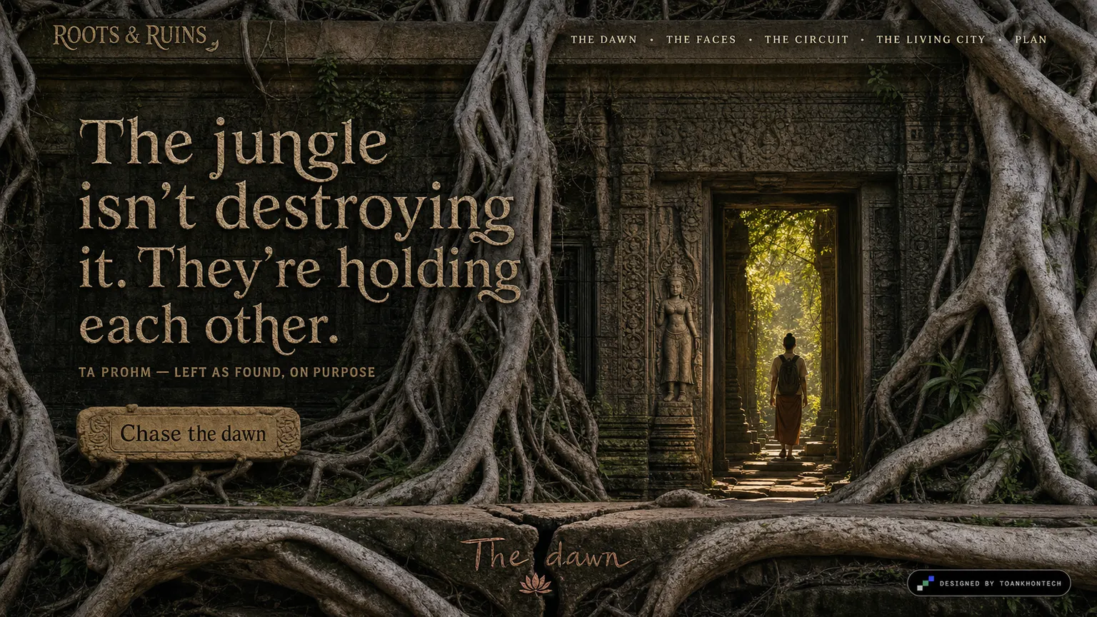 ROOTS & RUINS opening interface — a destination and hospitality platform