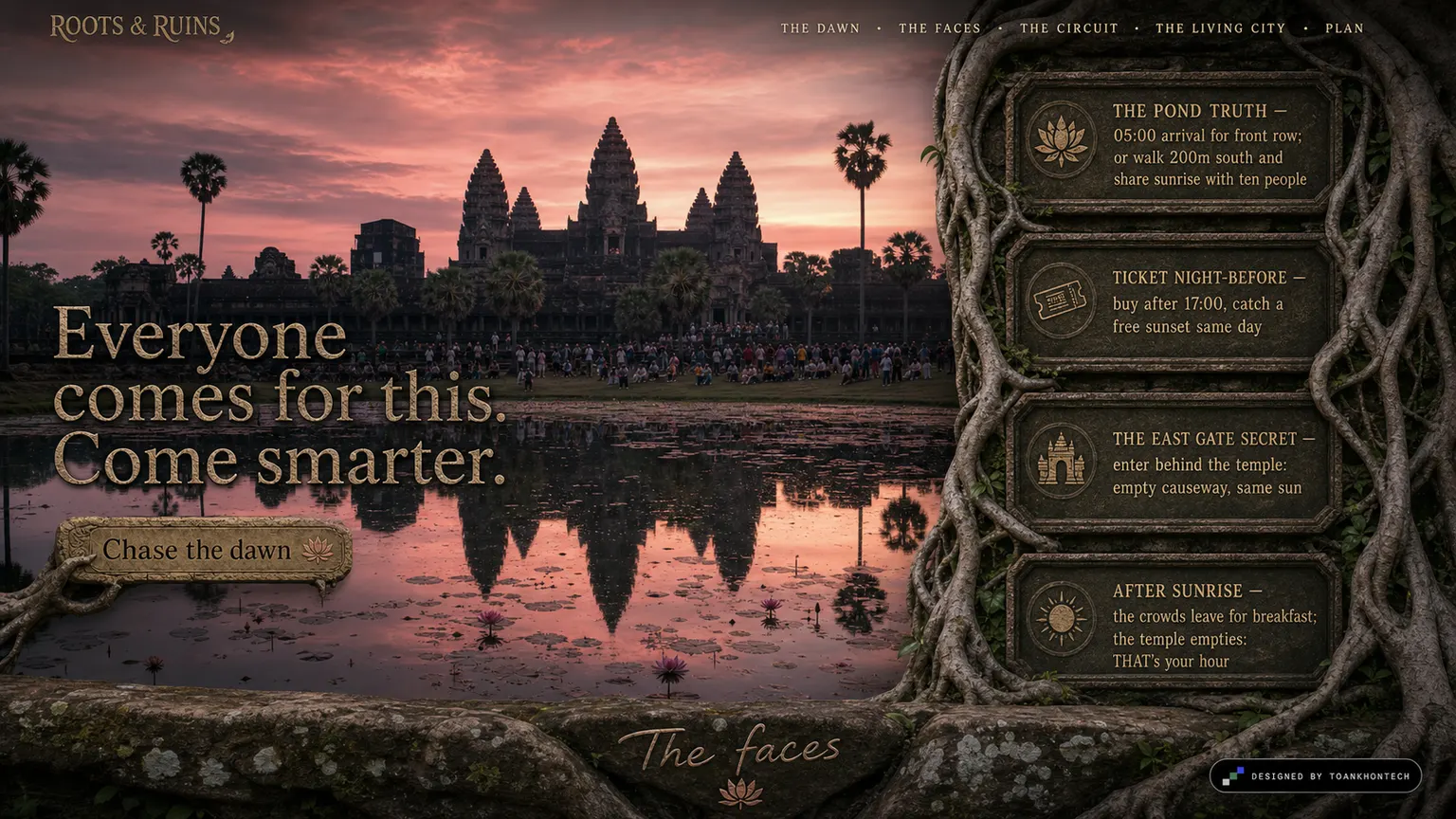 ROOTS & RUINS website concept artboard focused on dawn