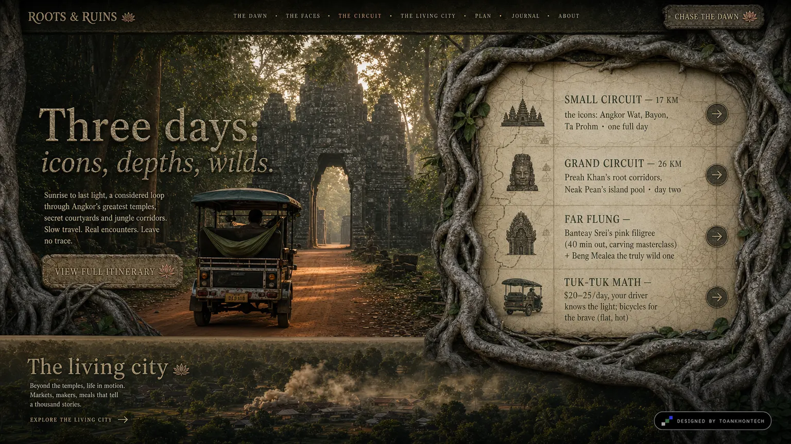 ROOTS & RUINS website concept artboard focused on circuit