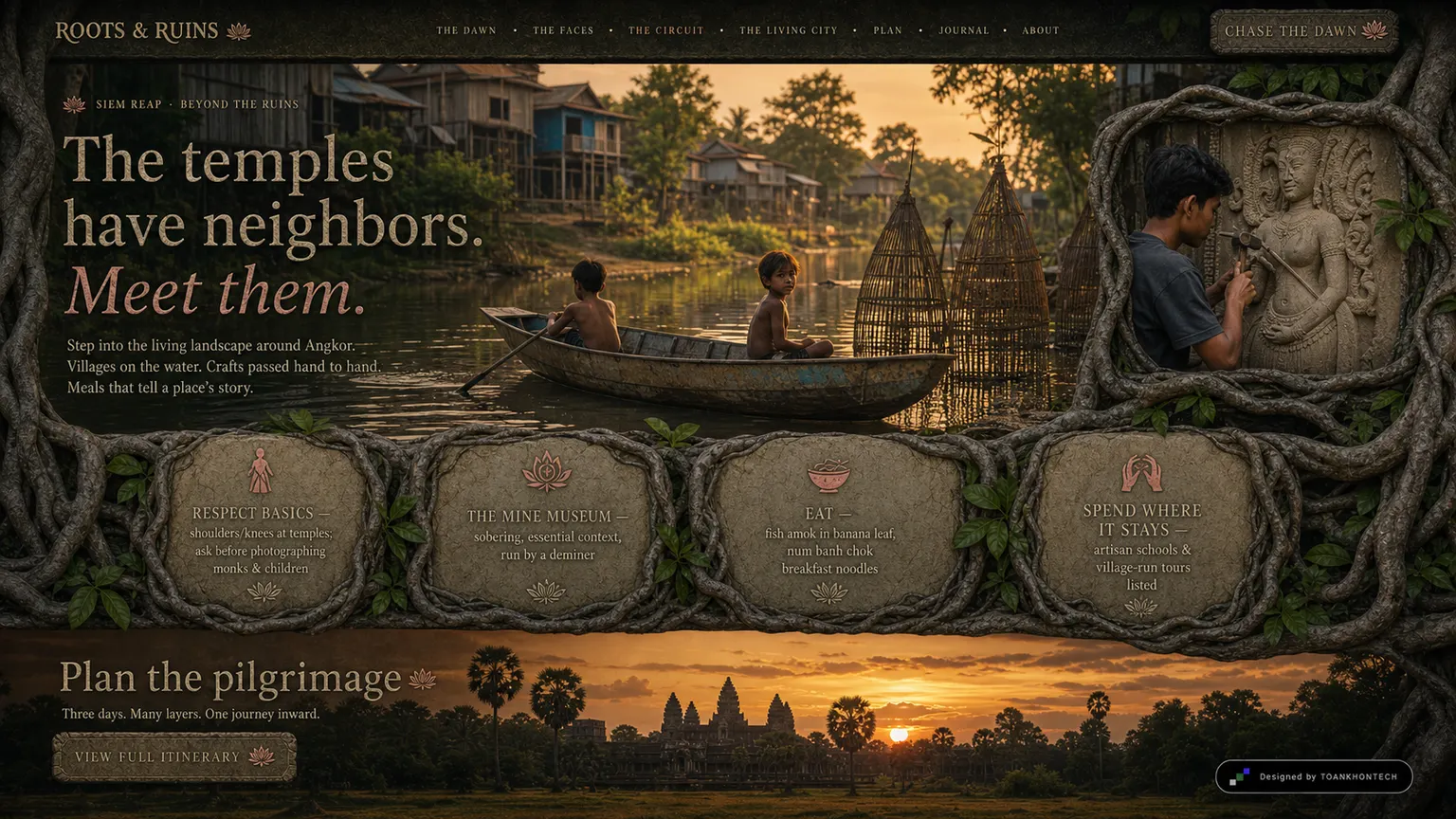 ROOTS & RUINS website concept artboard focused on living