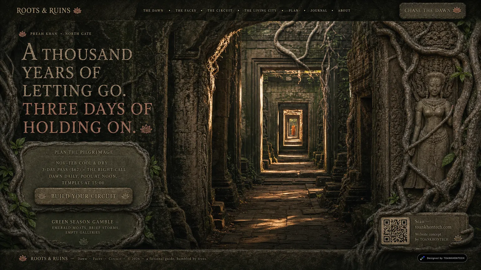 ROOTS & RUINS website concept artboard focused on closing invitation