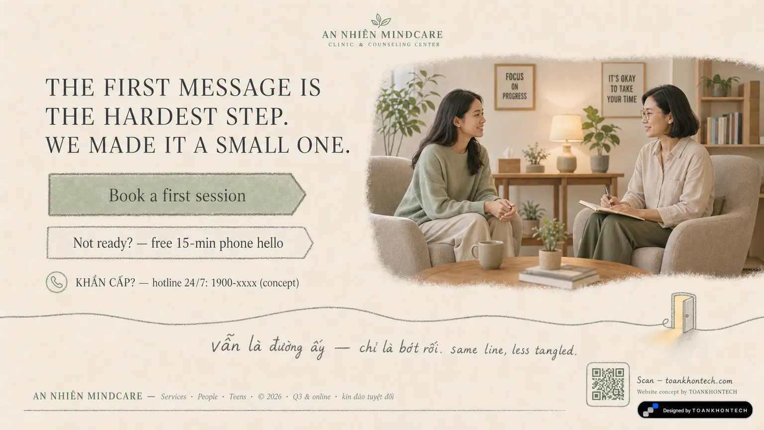 AN NHIÊN MINDCARE website concept artboard focused on closing invitation