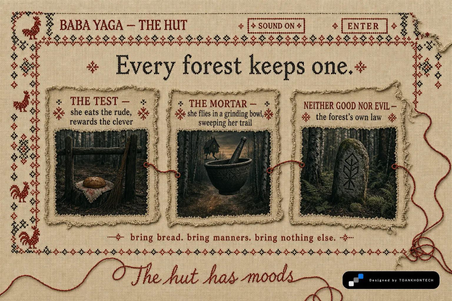 BABA YAGA website concept artboard focused on place of origin