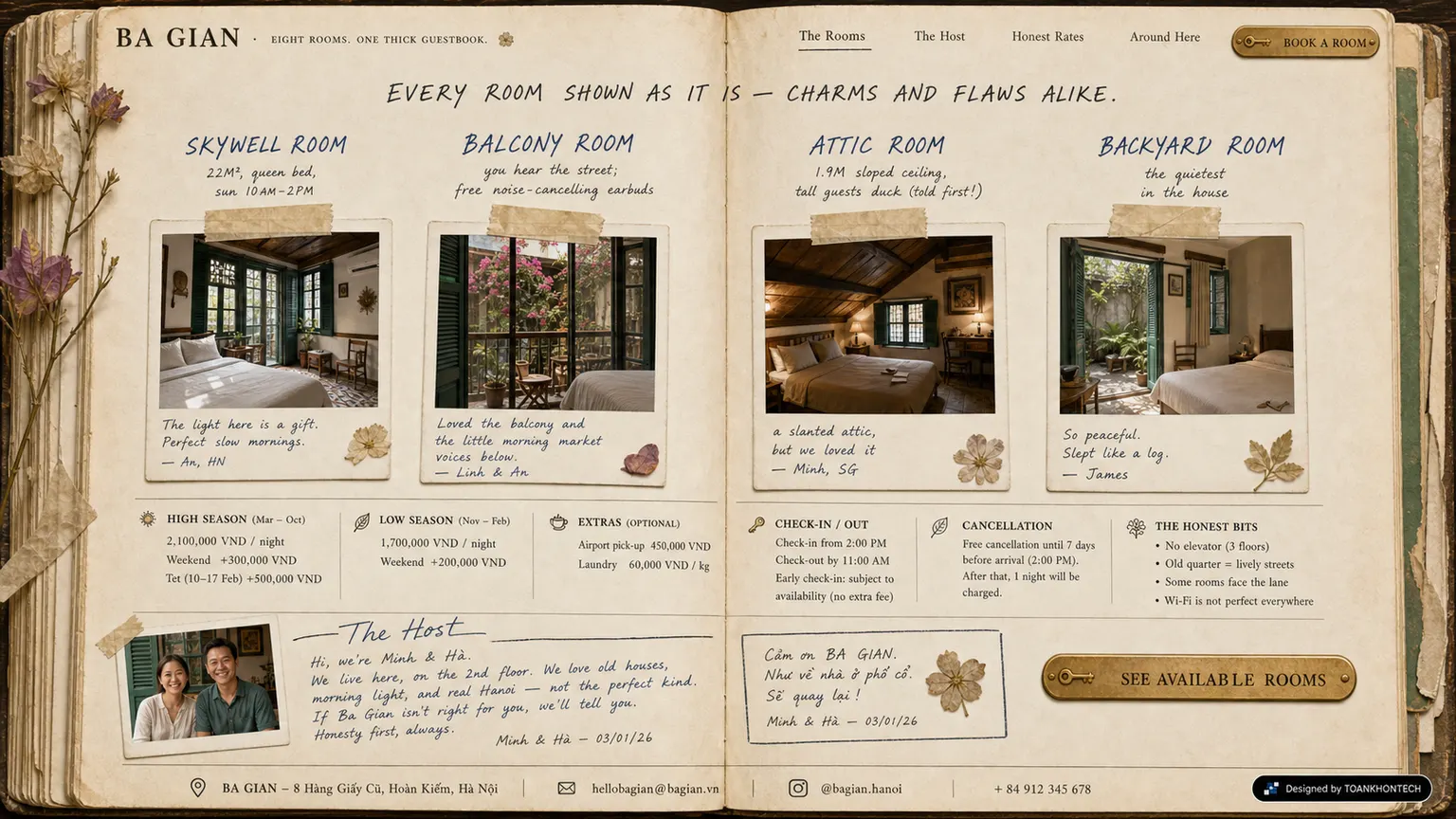 BA GIAN website concept artboard focused on rooms and stays