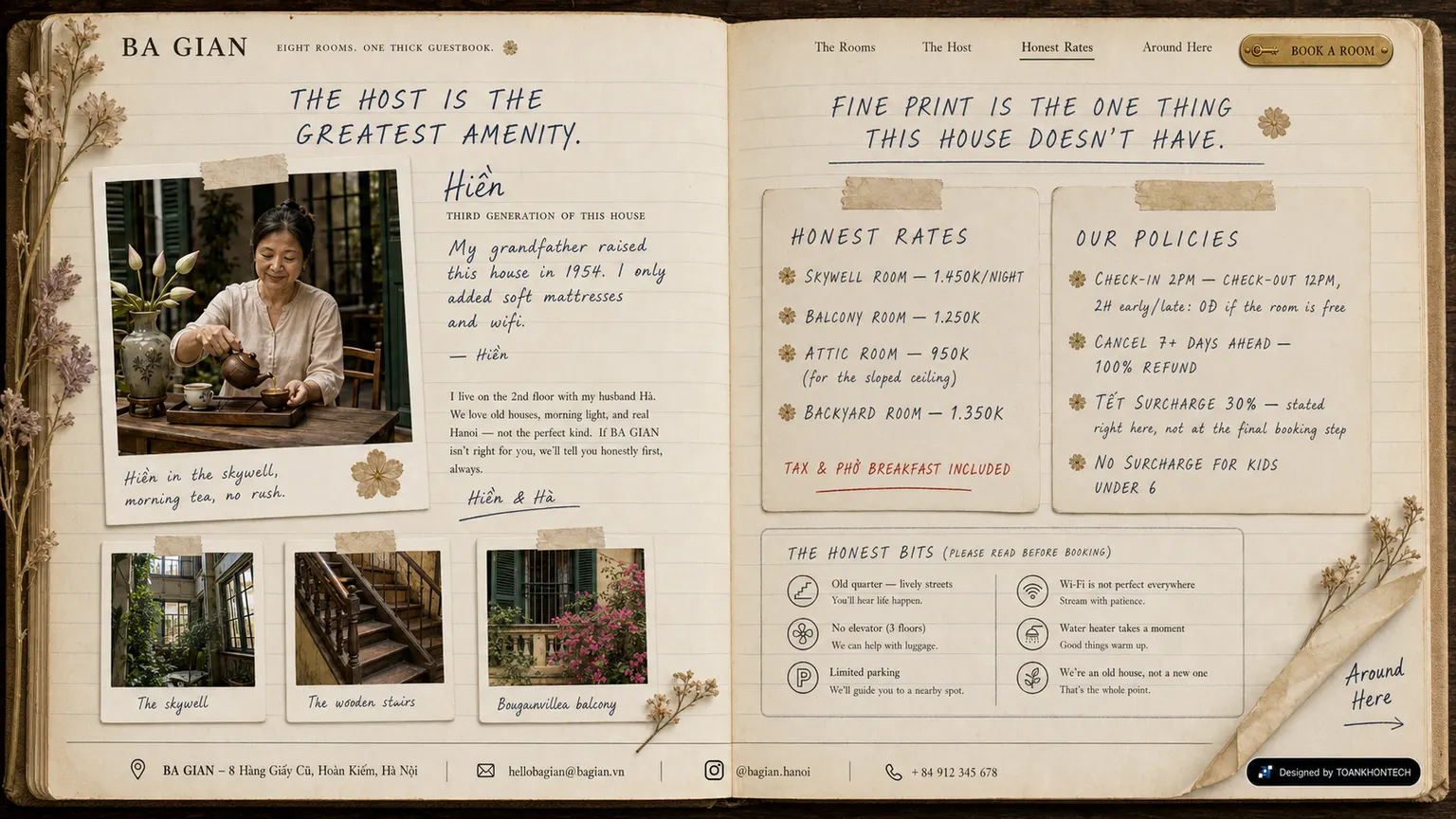 BA GIAN website concept artboard focused on rates and booking terms