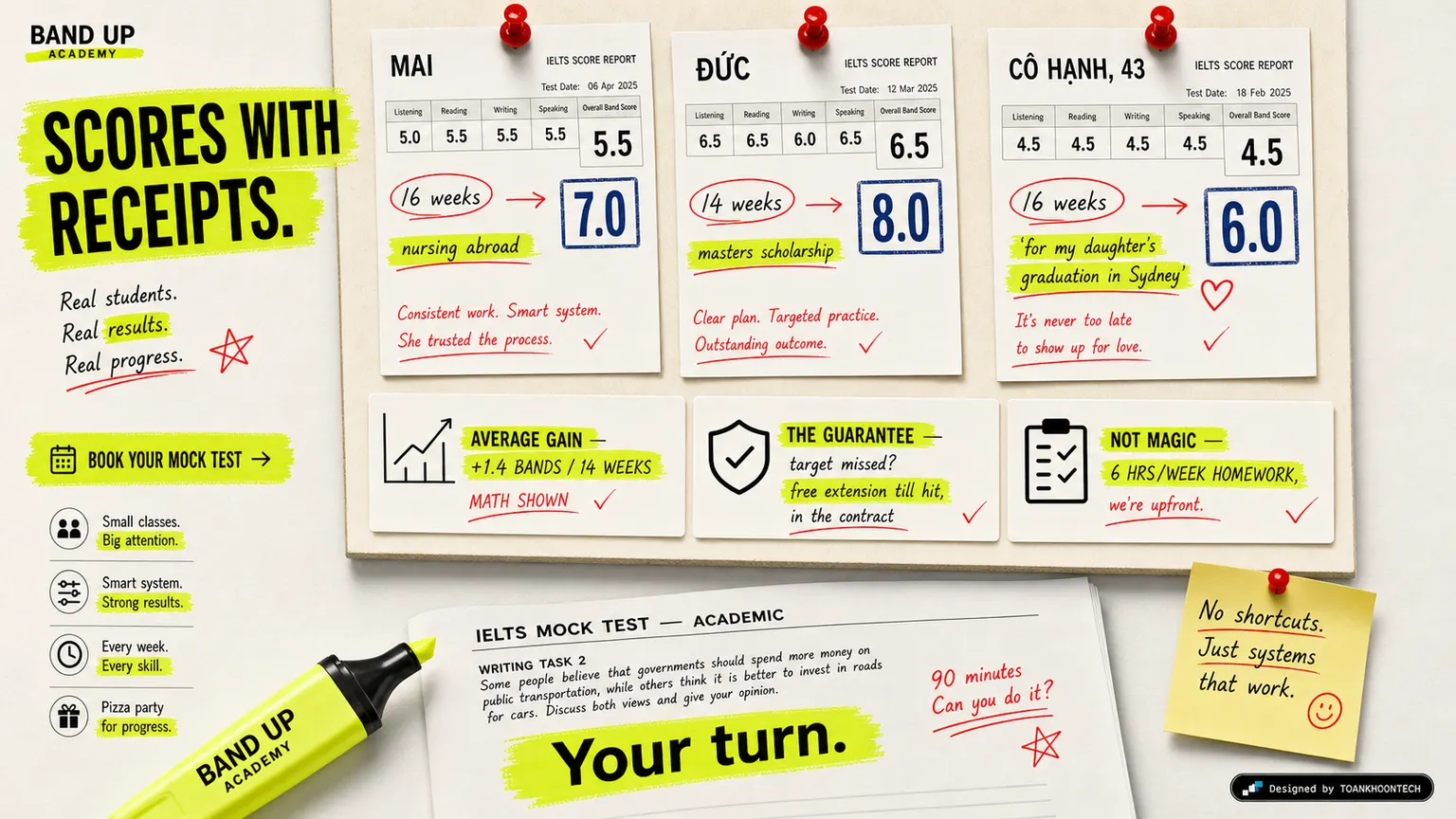 BAND UP ACADEMY website concept artboard focused on results