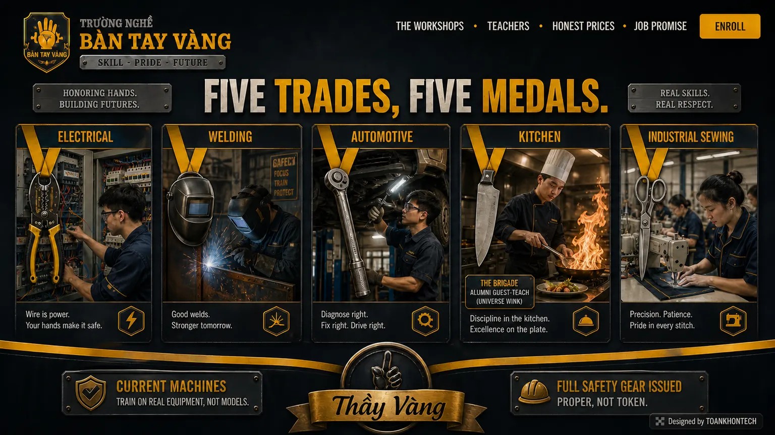 TRƯỜNG NGHỀ BÀN TAY VÀNG website concept artboard focused on visitor space