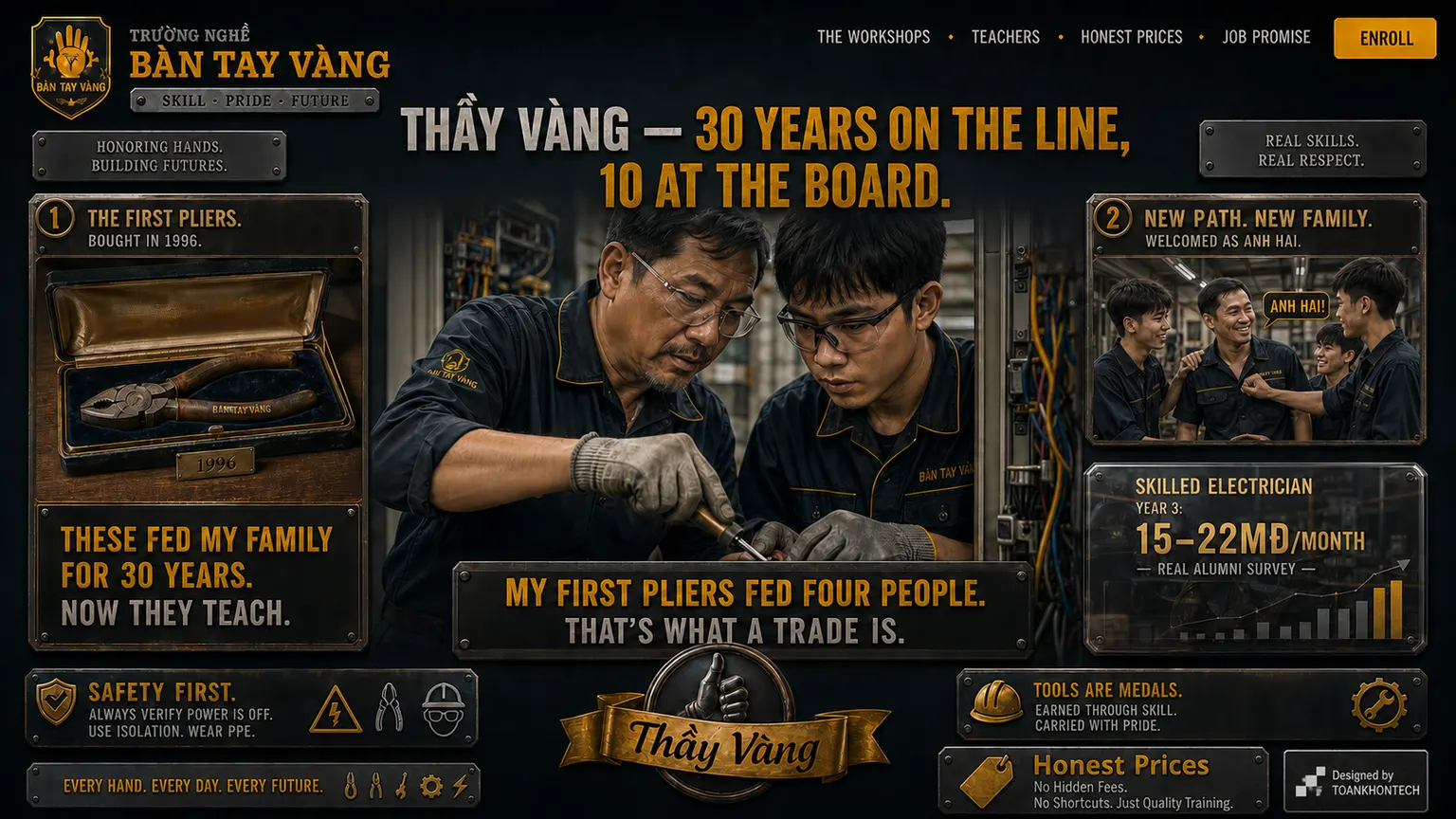 TRƯỜNG NGHỀ BÀN TAY VÀNG website concept artboard focused on story
