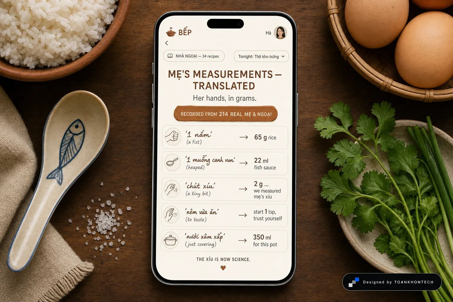 BẾP website concept artboard focused on measurements