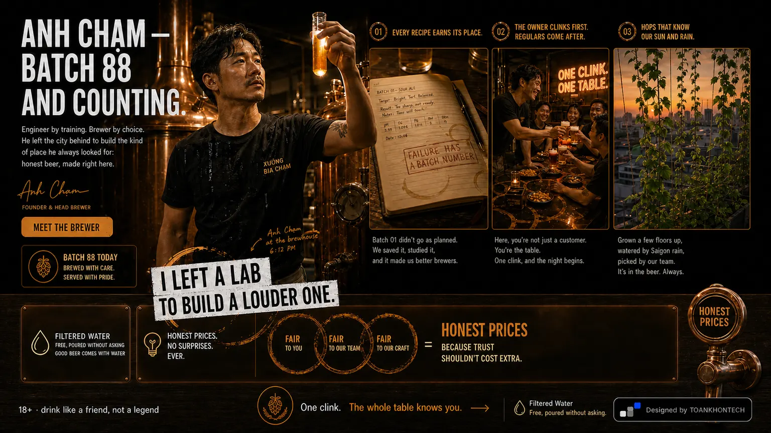 XƯỞNG BIA CHẠM website concept artboard focused on story