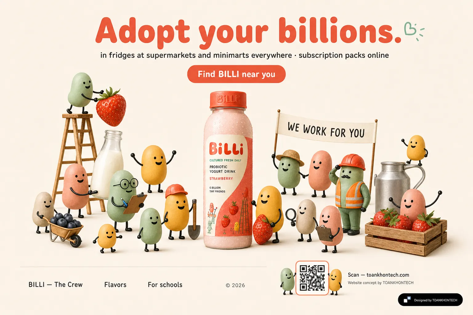 Billi website concept artboard focused on closing invitation