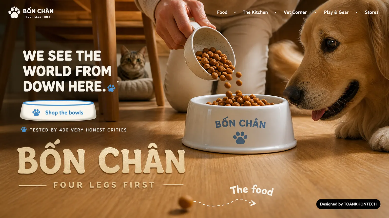 BỐN CHÂN opening interface — a consumer product website