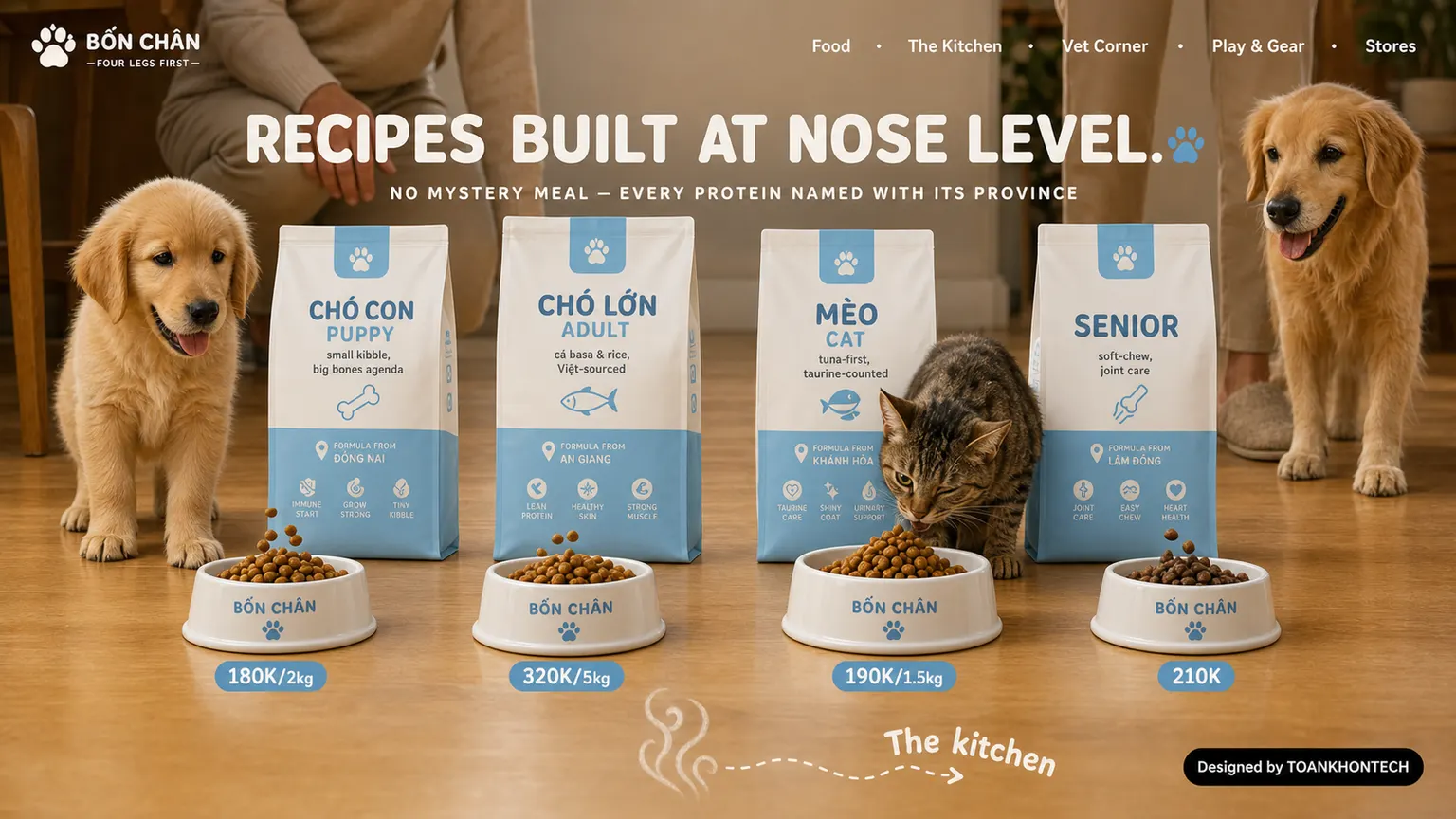 BỐN CHÂN website concept artboard focused on thefood