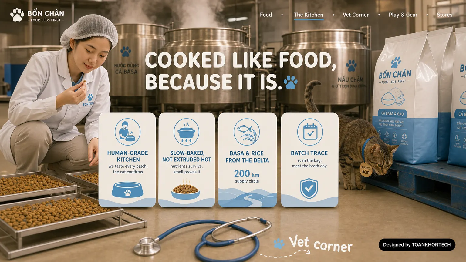BỐN CHÂN website concept artboard focused on kitchen
