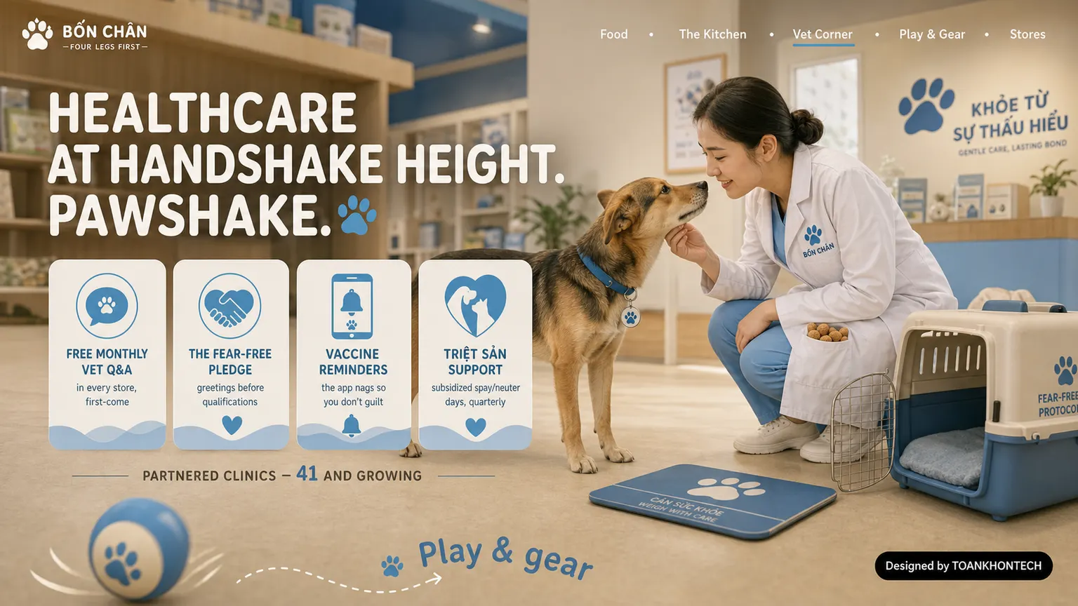 BỐN CHÂN website concept artboard focused on vetcorner
