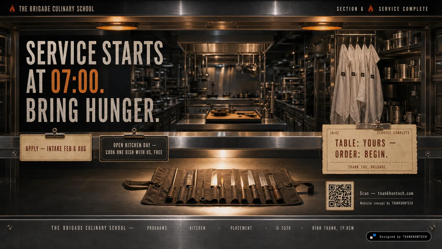 THE BRIGADE CULINARY SCHOOL website concept artboard focused on closing invitation