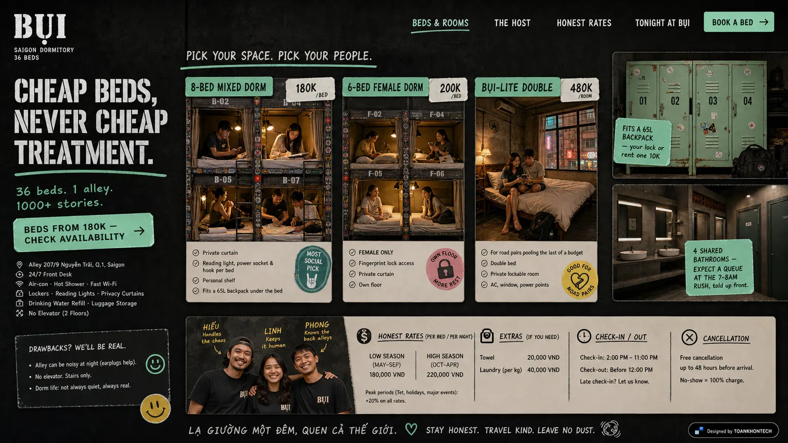 BỤI website concept artboard focused on rooms and stays