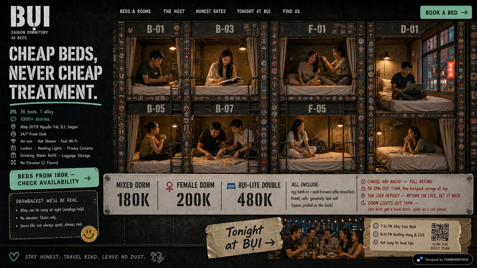 BỤI website concept artboard focused on rates and booking terms