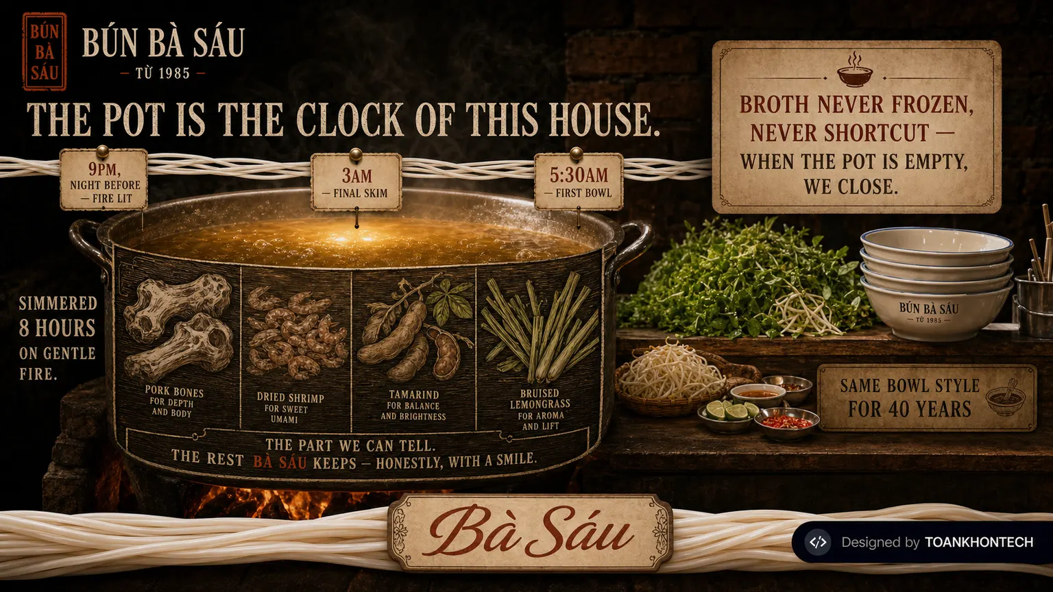 BÚN BÀ SÁU · TỪ 1985 website concept artboard focused on visitor space