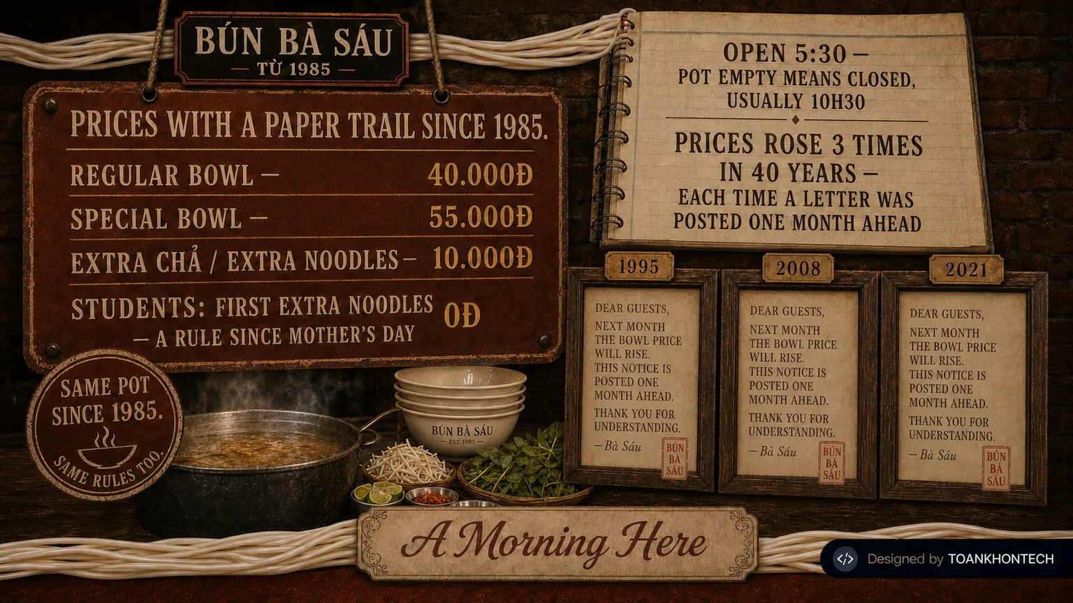BÚN BÀ SÁU · TỪ 1985 website concept artboard focused on prices