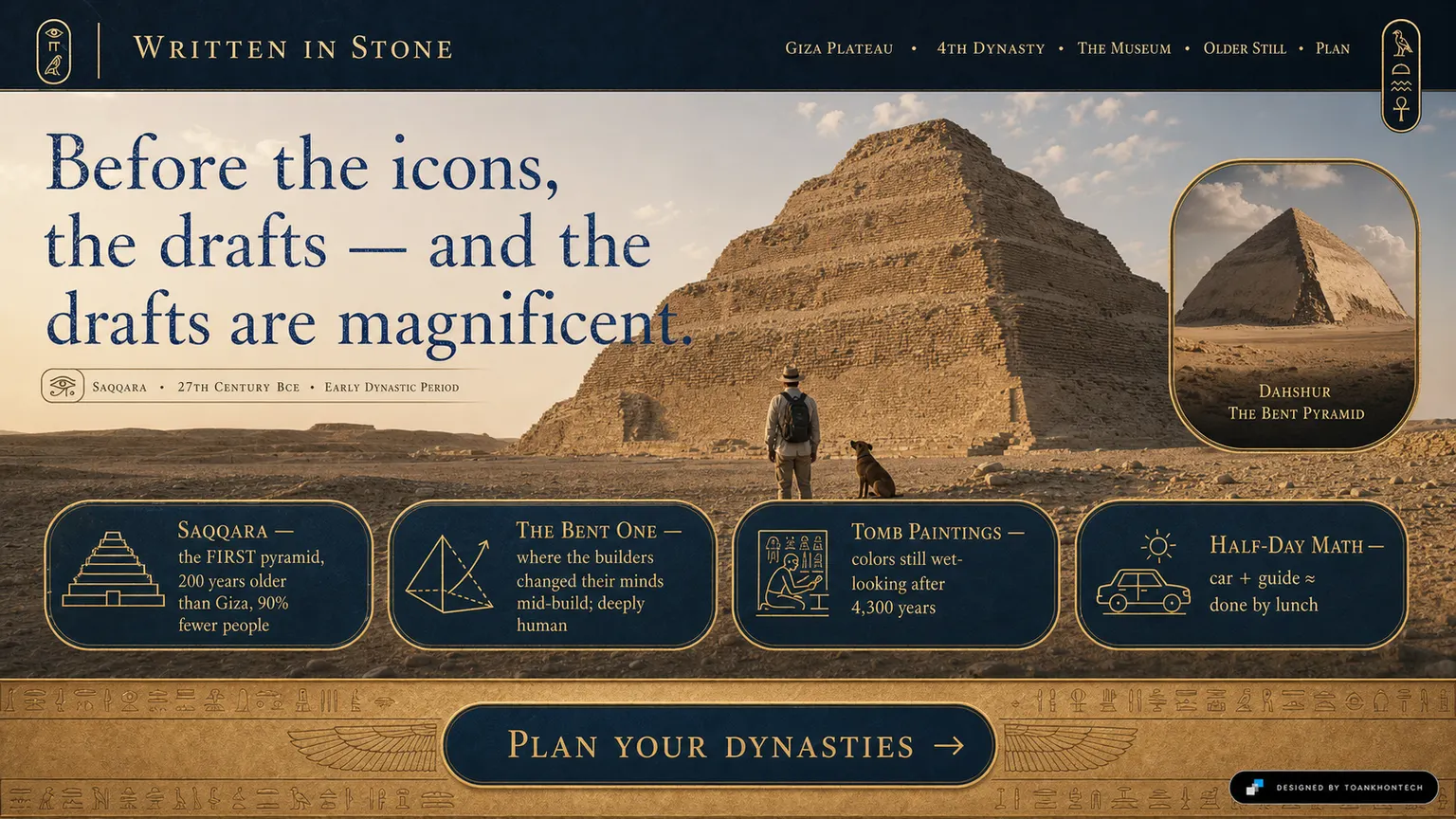 WRITTEN IN STONE website concept artboard focused on saqqara