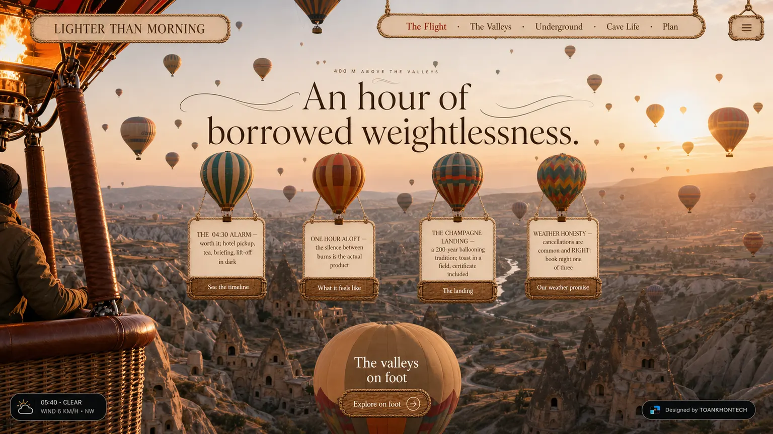 LIGHTER THAN MORNING website concept artboard focused on theflight