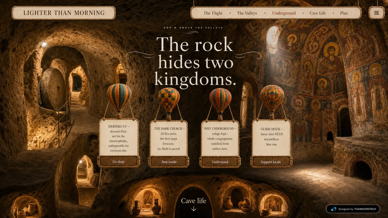 LIGHTER THAN MORNING website concept artboard focused on underground