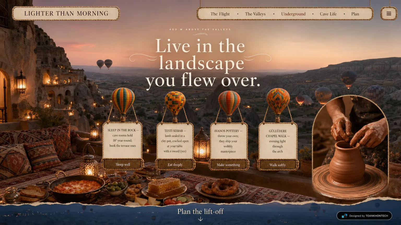 LIGHTER THAN MORNING website concept artboard focused on cavelife