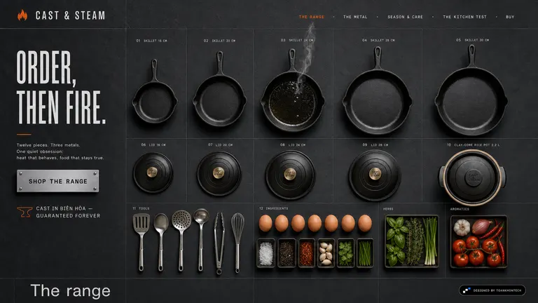 CAST & STEAM — Twelve pieces, three metals — heat that behaves, food that stays true.